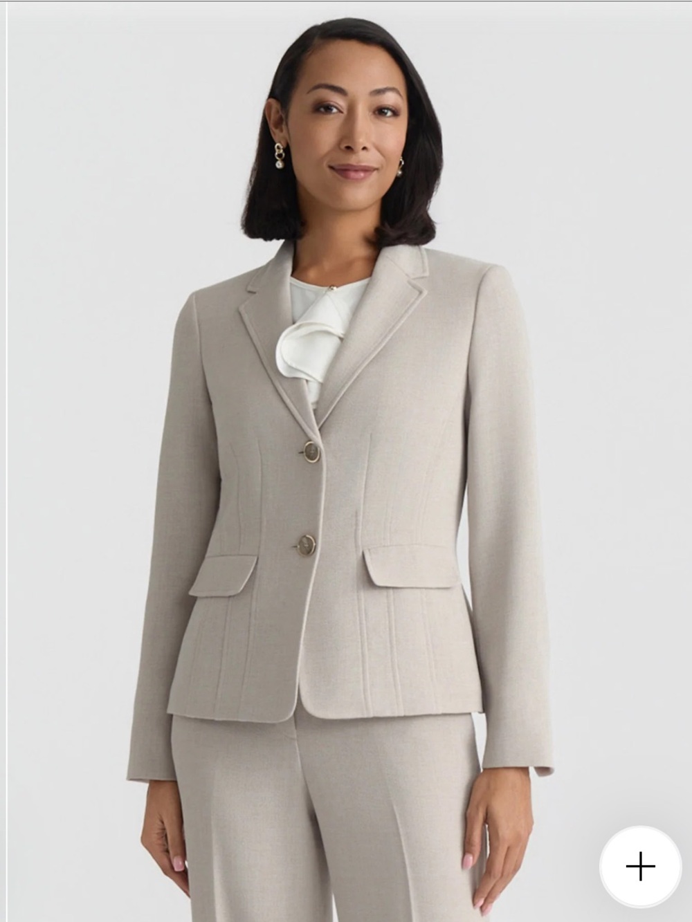 Kasper Pebble Crepe Two-Button Blazer in Light Taupe and Matching Suit Pants